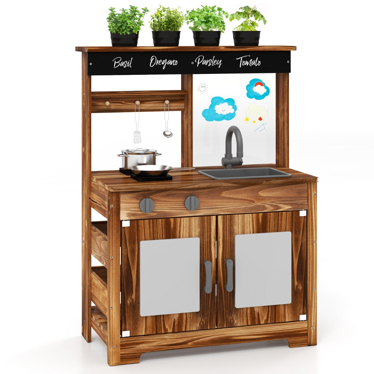 LIVSK Speelkeuken van Massief Dennenhout - Inclusief Spoelbak en Plantenpotten - Creatief Spel en Kookplezier - Vanaf 3 Jaar -