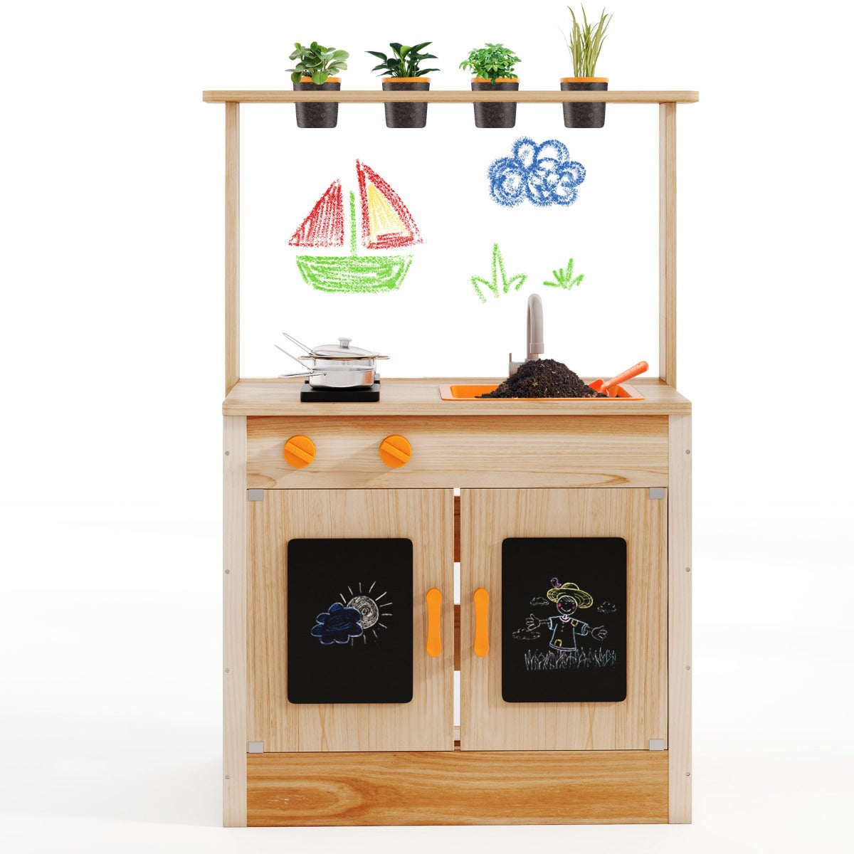 LIVSK Outdoor-Speelkeuken voor Kinderen - Gemaakt van Sparrenhout - Inclusief 4 Plantenpotten en Gootsteen - Natuur