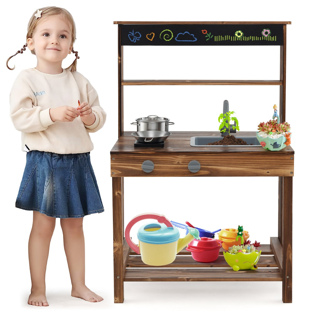 LIVSK Modderkeuken voor Kinderen - Natuurlijk Dennenhout - Interactieve Kookervaring - Ruime Opbergruimte - 65 x 40 x 96 cm -