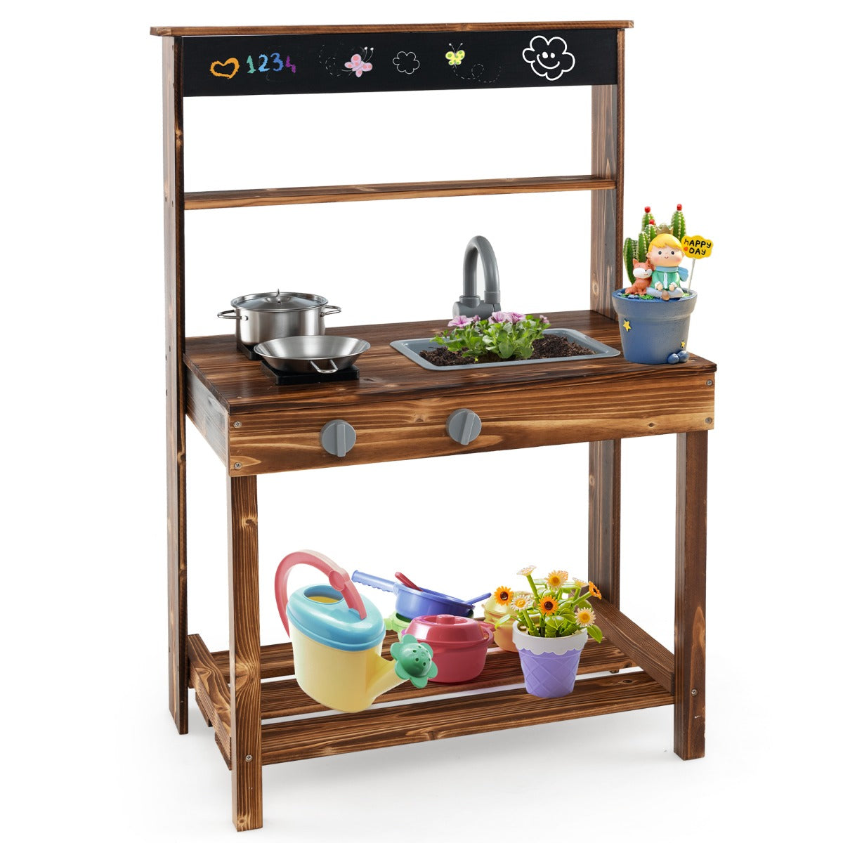 LIVSK Modderkeuken voor Kinderen - Natuurlijk Dennenhout - Interactieve Kookervaring - Ruime Opbergruimte - 65 x 40 x 96 cm -