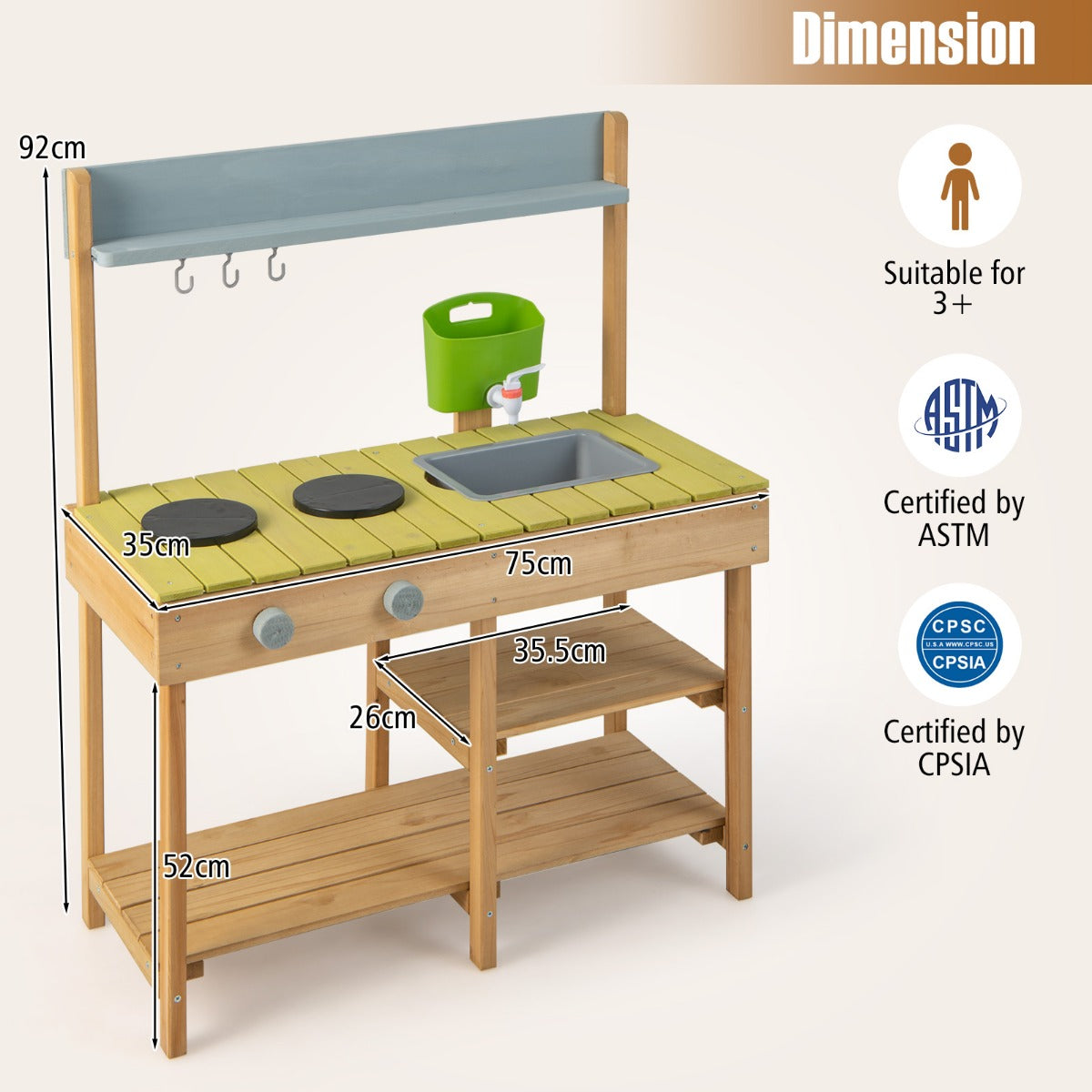 LIVSK Kinderkeuken - Massief Dennenhout met Waterfunctie - Kookplaat en Draaiknoppen - Creatief Speelplezier - Natuur + Blauw +