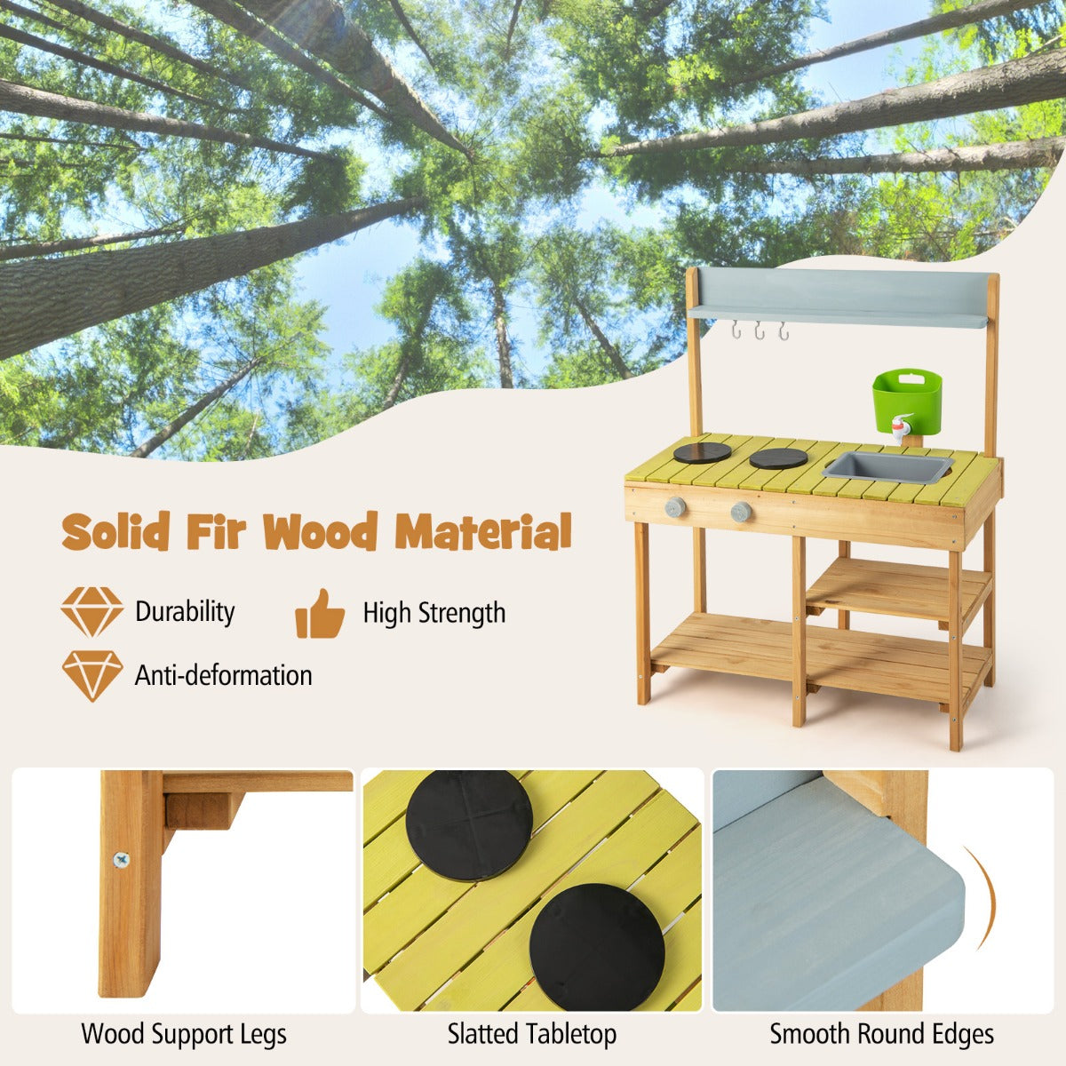 LIVSK Kinderkeuken - Massief Dennenhout met Waterfunctie - Kookplaat en Draaiknoppen - Creatief Speelplezier - Natuur + Blauw +