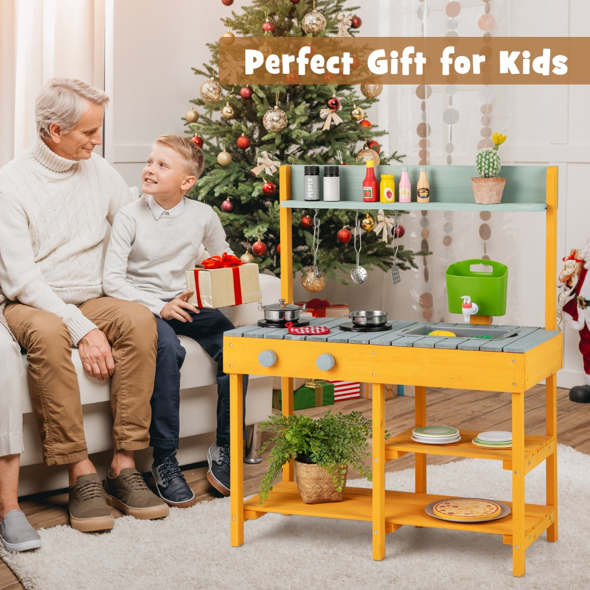 LIVSK Speelkeuken voor Kinderen - Buiten Koken met Waterfunctie - Opbergruimte met Planken en Haken - Natuurlijk Hout - 75 x 35 x