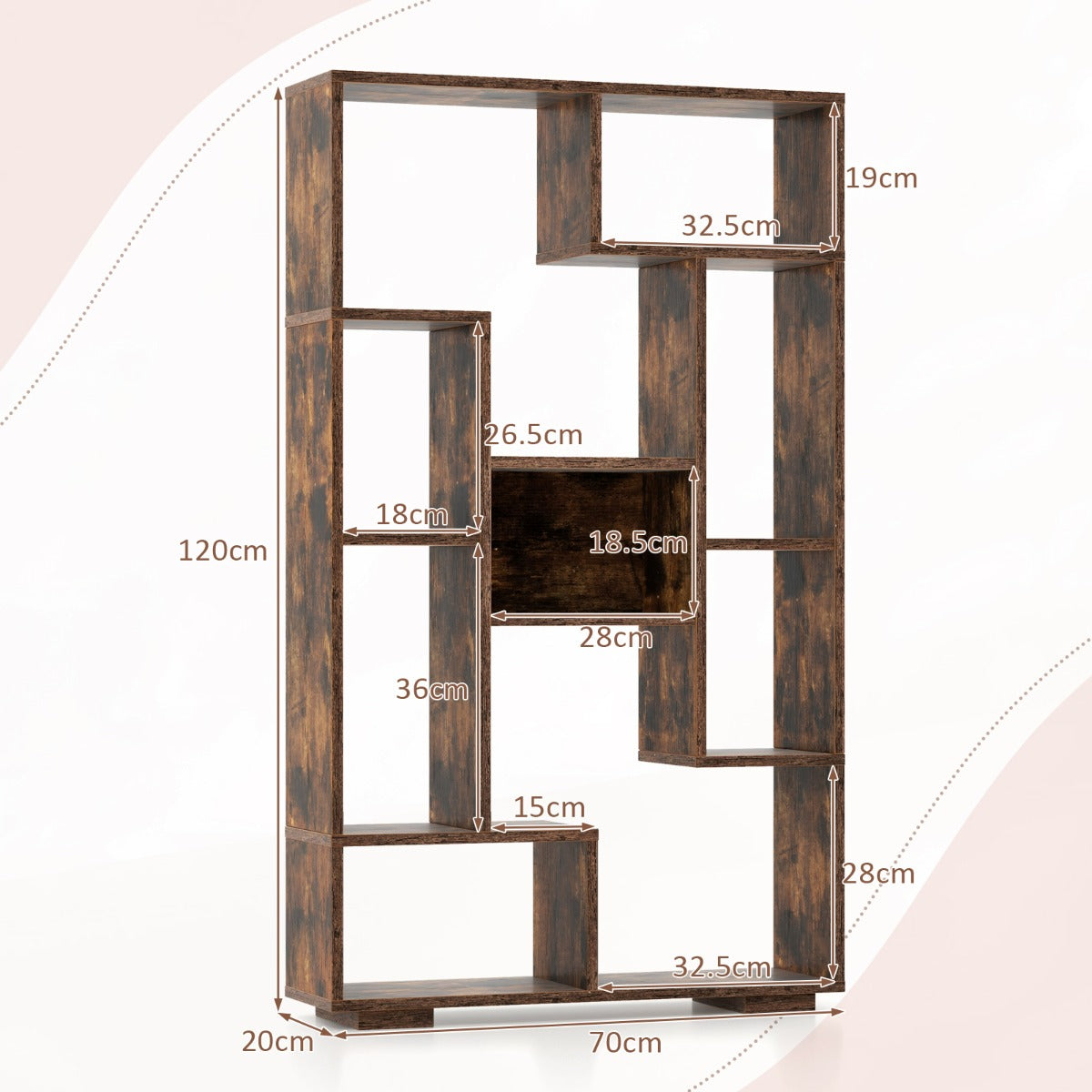 LIVSK Geometrische Boekenkast - Robuuste Constructie - 11 Open Planken - Eenvoudige Montage - Multifunctioneel - 70 x 20 x 120 cm