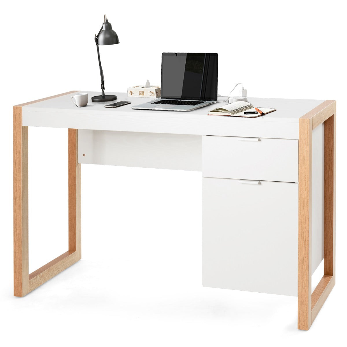 LIVSK Schrijftafel voor Thuiskantoor - Breed Tafelblad - Grote Lade en Kast - Modern Design - Eenvoudige Montage - 112,5 x 50 x