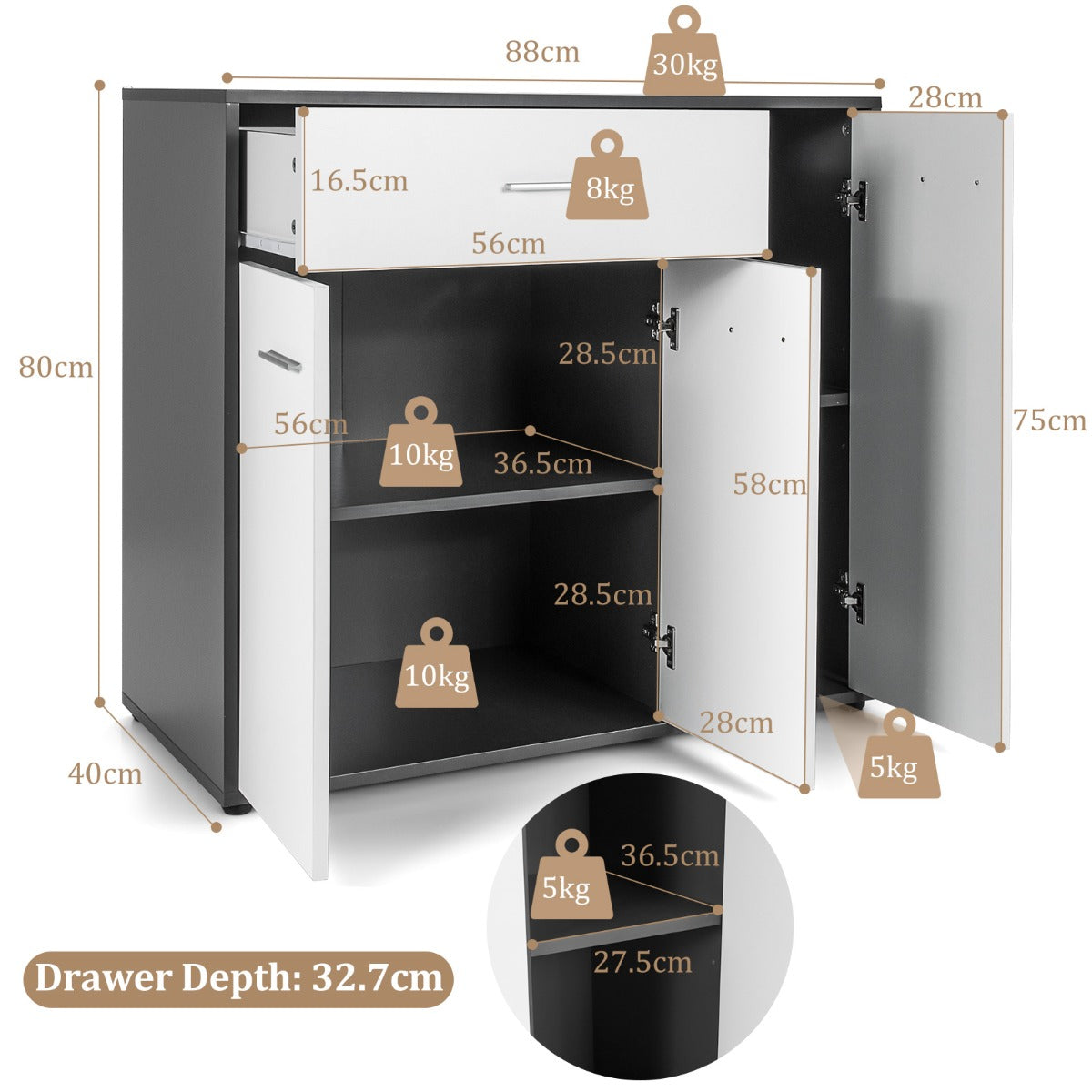 LIVSK Buffetkast met Verstelbare Plank - Ruim Blad en Lade - Kantelbeveiliging - Antislippads - 88 x 40 x 80 cm - Zwart en Wit
