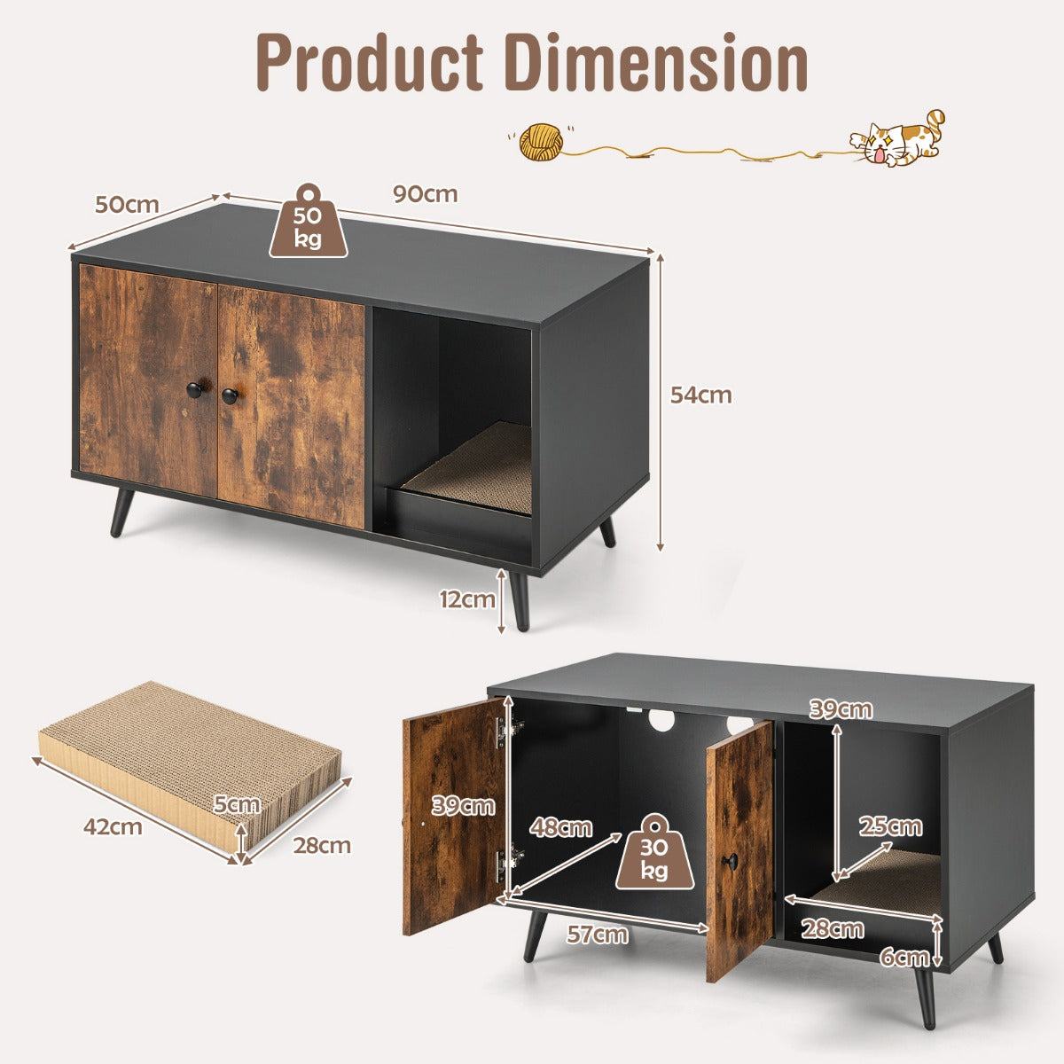 LIVSK Multifunctioneel Kattenbakmeubilair - Verborgen Bak - Krabpaal - Stevige Constructie - Eenvoudig Onderhoud -