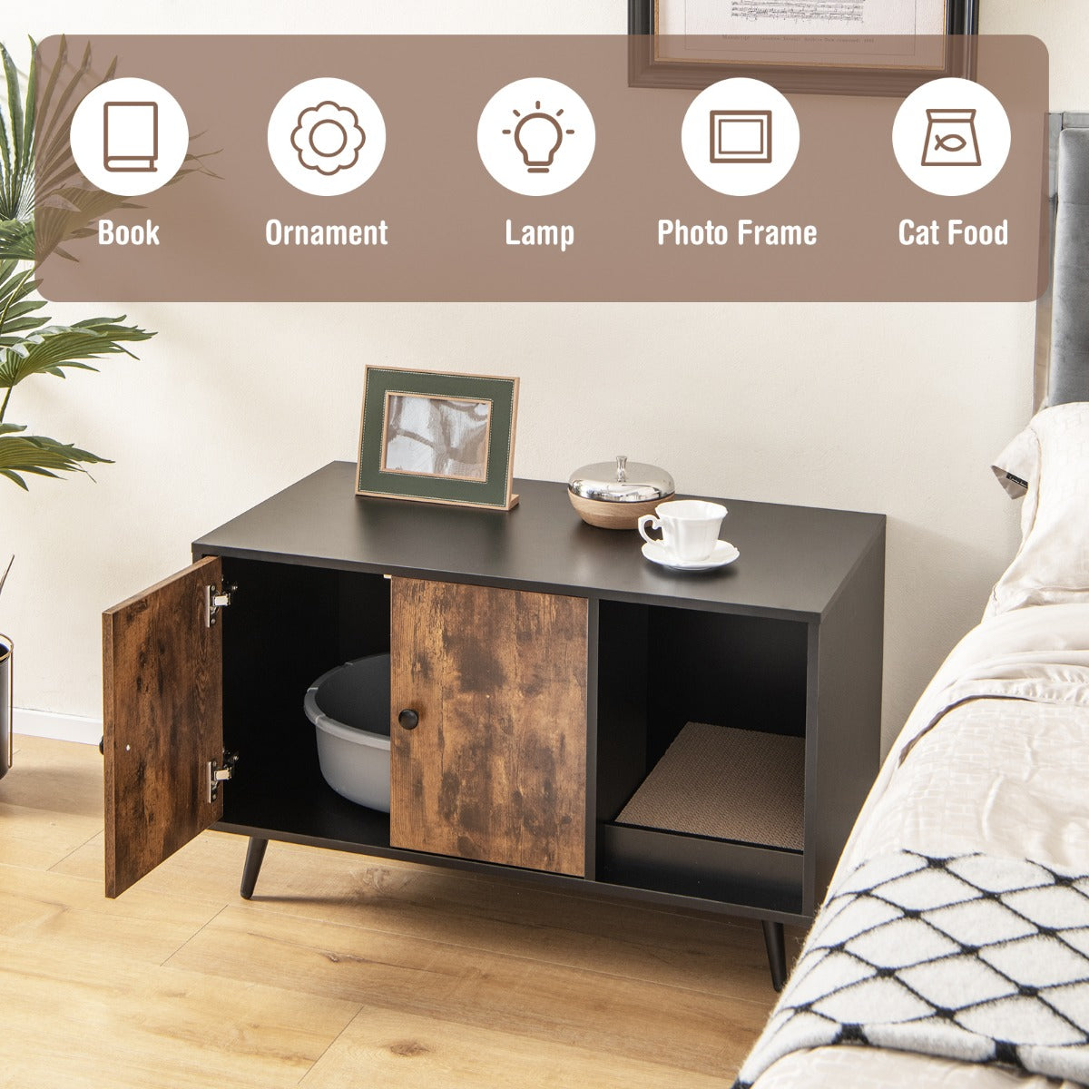 LIVSK Multifunctioneel Kattenbakmeubilair - Verborgen Bak - Krabpaal - Stevige Constructie - Eenvoudig Onderhoud -