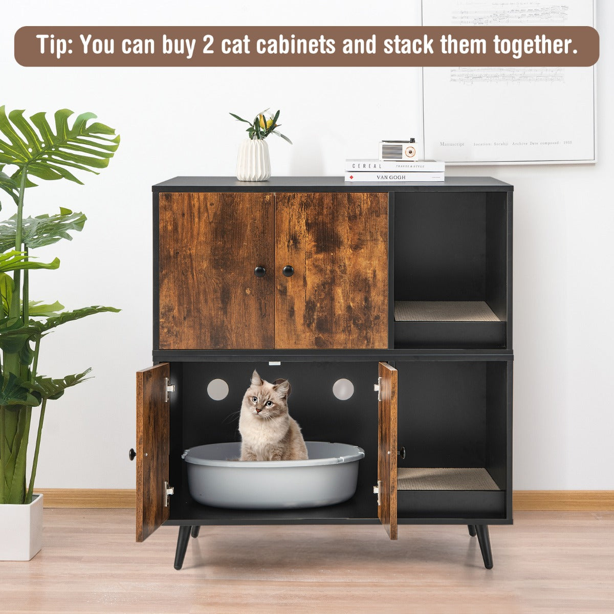 LIVSK Multifunctioneel Kattenbakmeubilair - Verborgen Bak - Krabpaal - Stevige Constructie - Eenvoudig Onderhoud -