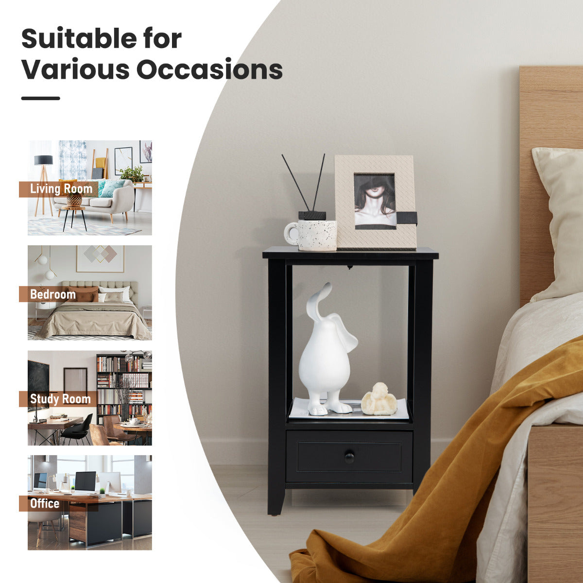 LIVSK Modern Nachtkastje met Open Rek en Lade - Stabiel MDF - Veelzijdig voor Slaapkamer en Woonkamer - 40 x 30 x 61,5 cm - Zwart