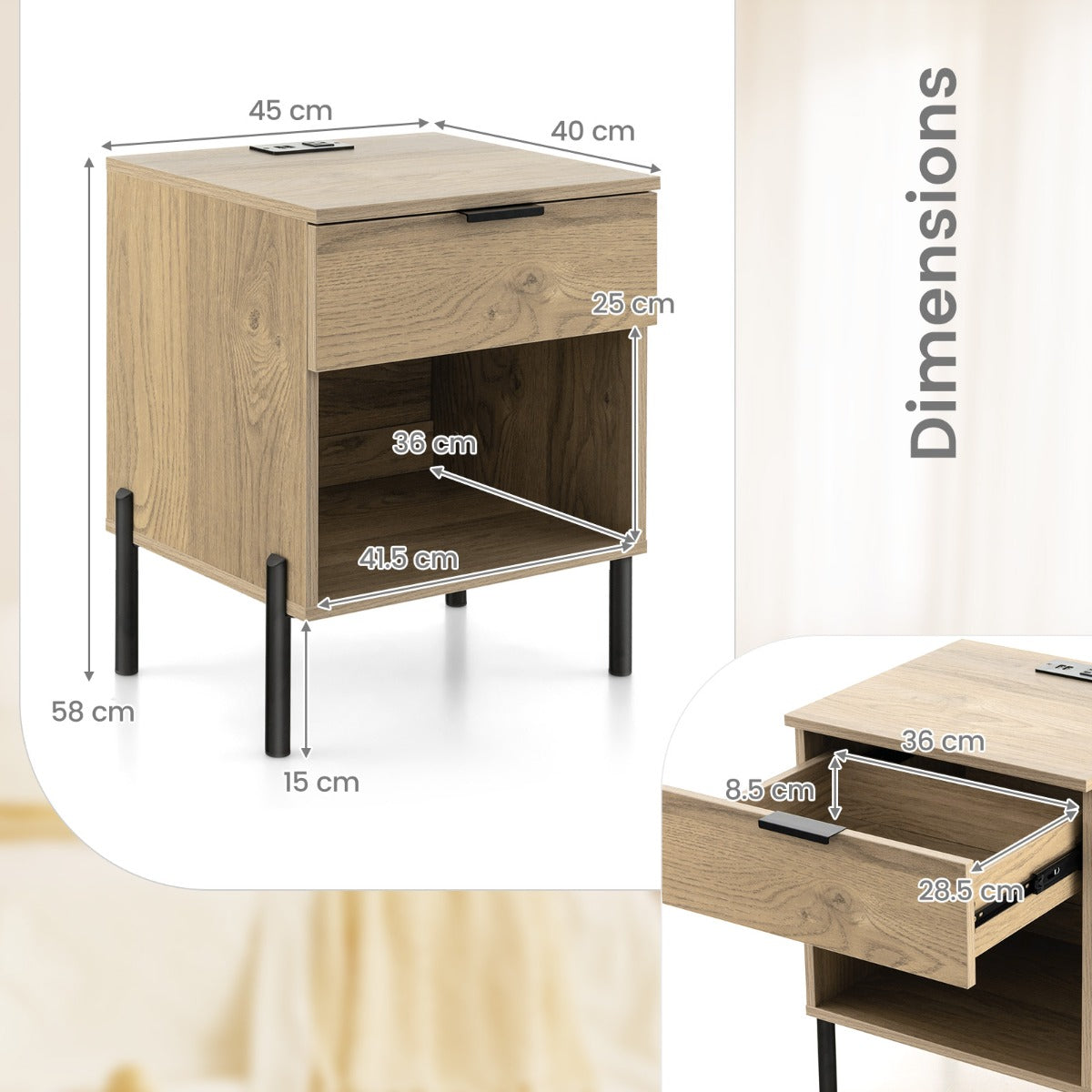 Livsk costway modern nachtkastje met laadstation bijzettafel met lade en open vak opbergtafel met houtnerf en robuuste metalen poten natuurlijk 1