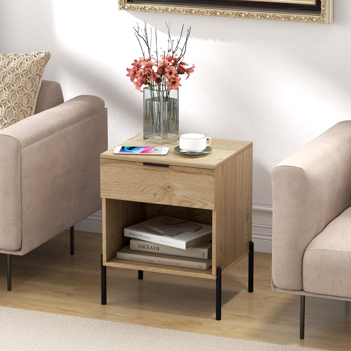 Livsk costway modern nachtkastje met laadstation bijzettafel met lade en open vak opbergtafel met houtnerf en robuuste metalen poten natuurlijk set van 2