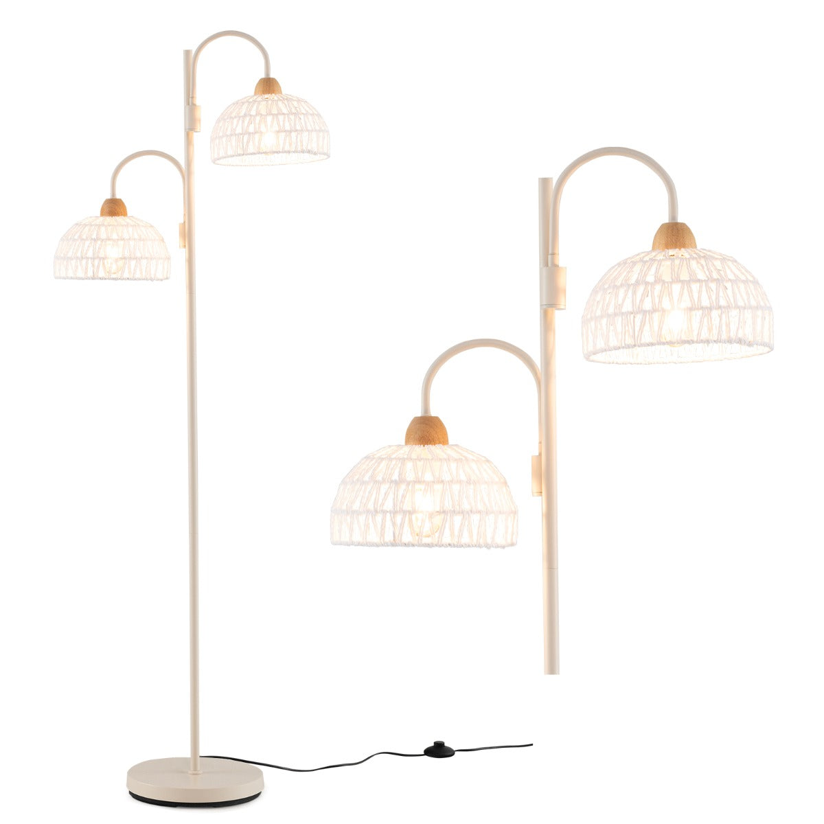 LIVSK Moderne Vloerlamp met 2 Lampen - 350° Draaibaar - Voetschakelaar - Geweven Kappen - Stabiele Voet - Wit