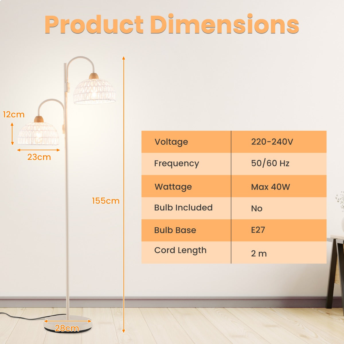 LIVSK Moderne Vloerlamp met 2 Lampen - 350° Draaibaar - Voetschakelaar - Geweven Kappen - Stabiele Voet - Wit
