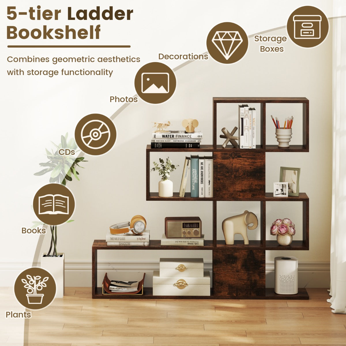 Livsk costway moderne 5 laags houten scheidingswand in ladderstijl voor boeken 120 x 195 x 109 cm bruin 5 2