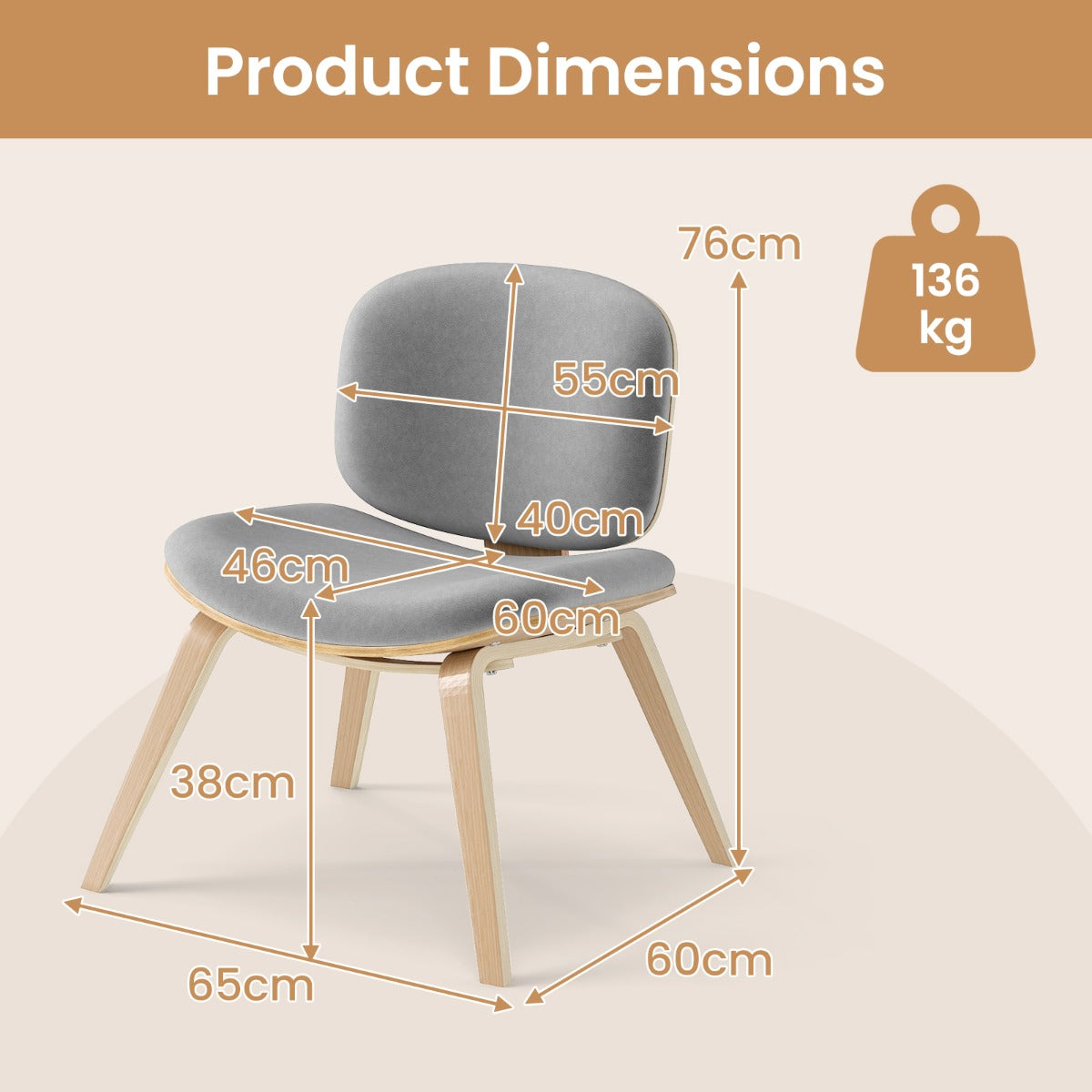 LIVSK Accentstoel - Ergonomisch Design met Gebogen Rugleuning - Ruimtebesparend - Voor Keuken en Woonkamer - Lichtgrijs + Natuur