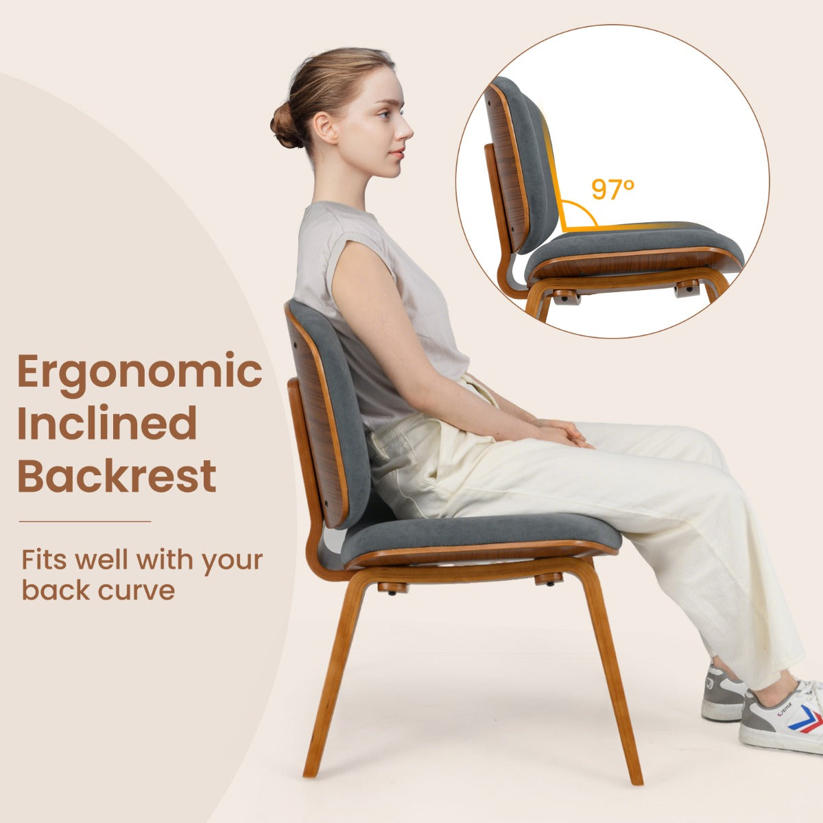 LIVSK Accentstoel - Ergonomisch met Gebogen Rugleuning - Ruimtebesparend - Voor Eetkamer en Thuiswerk - Donkergrijs + Bruin