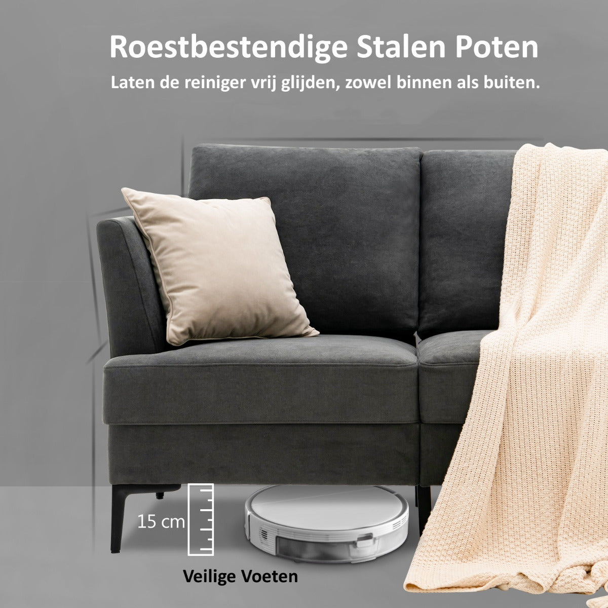 LIVSK Gestoffeerde Tweezitsbank - Ergonomisch Comfort - Slijtvast en Ademend - Robuuste Roestvrijstalen Poten - Tot 340 kg - Grijs