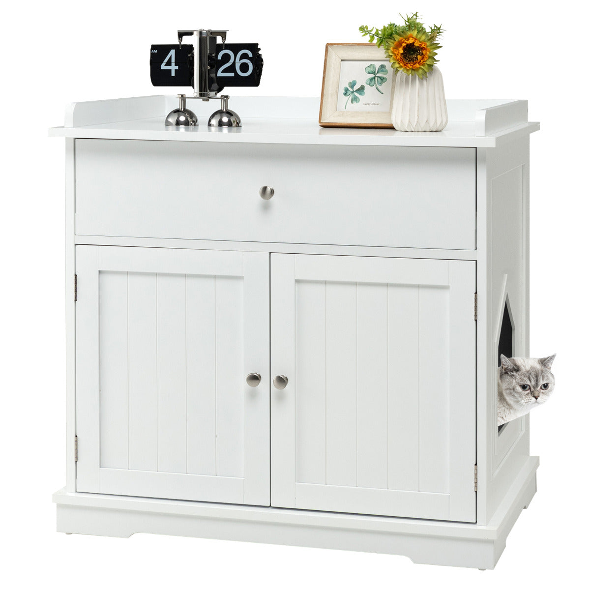 LIVSK 3-in-1 Kattenbakbehuizing - Multifunctioneel Meubel - Opbergruimte met Privacy - Stevig MDF - Tot 60 kg - Wit