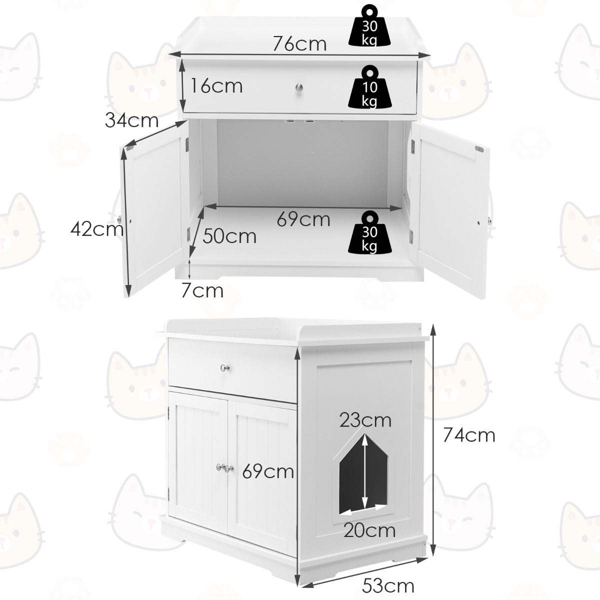 LIVSK 3-in-1 Kattenbakbehuizing - Multifunctioneel Meubel - Opbergruimte met Privacy - Stevig MDF - Tot 60 kg - Wit