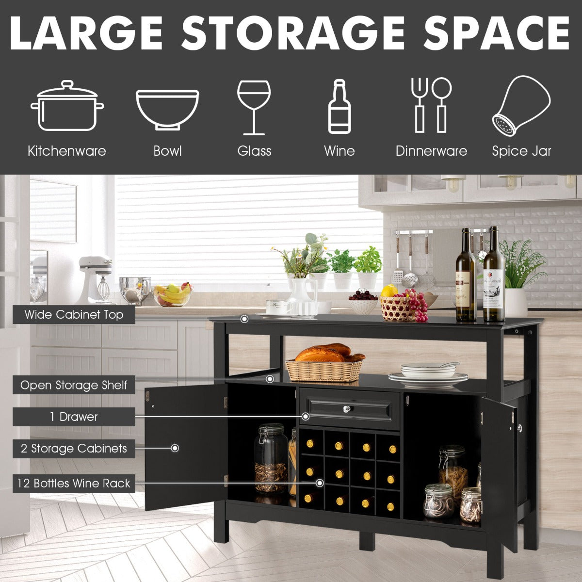 LIVSK Moderne Buffetkast - Ruime Opbergruimte met Verwijderbaar Wijnrek - Duurzaam MDF - Elegant Design - 117 x 40,5 x 82,5 cm -