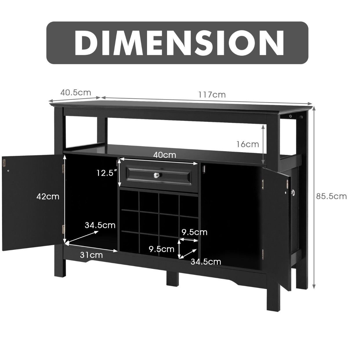 LIVSK Moderne Buffetkast - Ruime Opbergruimte met Verwijderbaar Wijnrek - Duurzaam MDF - Elegant Design - 117 x 40,5 x 82,5 cm -