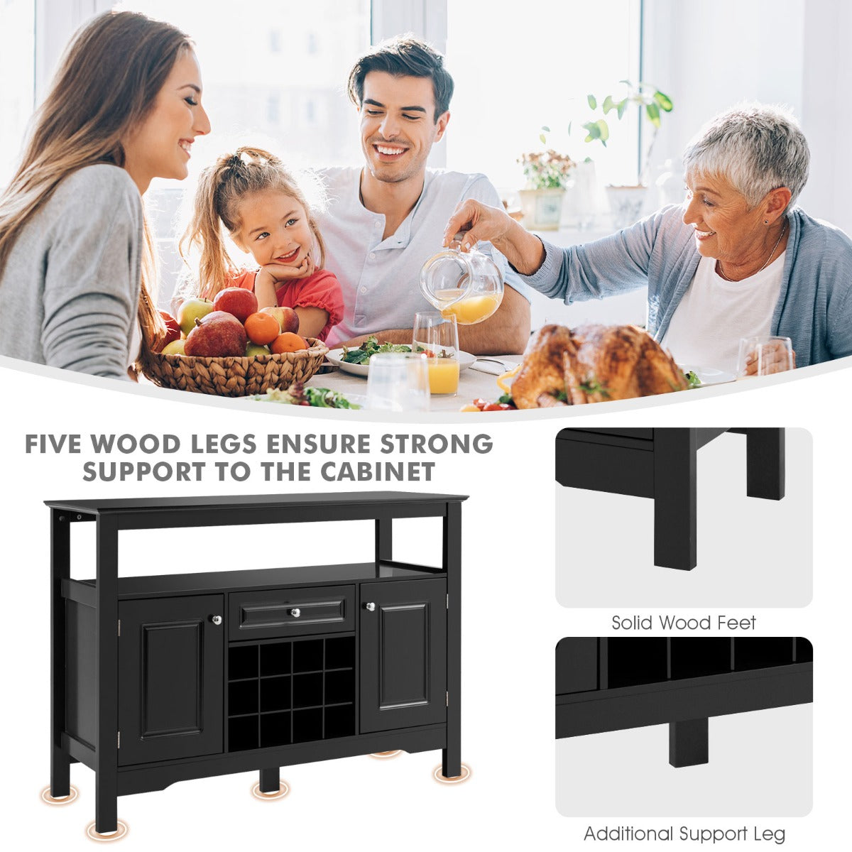 LIVSK Moderne Buffetkast - Ruime Opbergruimte met Verwijderbaar Wijnrek - Duurzaam MDF - Elegant Design - 117 x 40,5 x 82,5 cm -