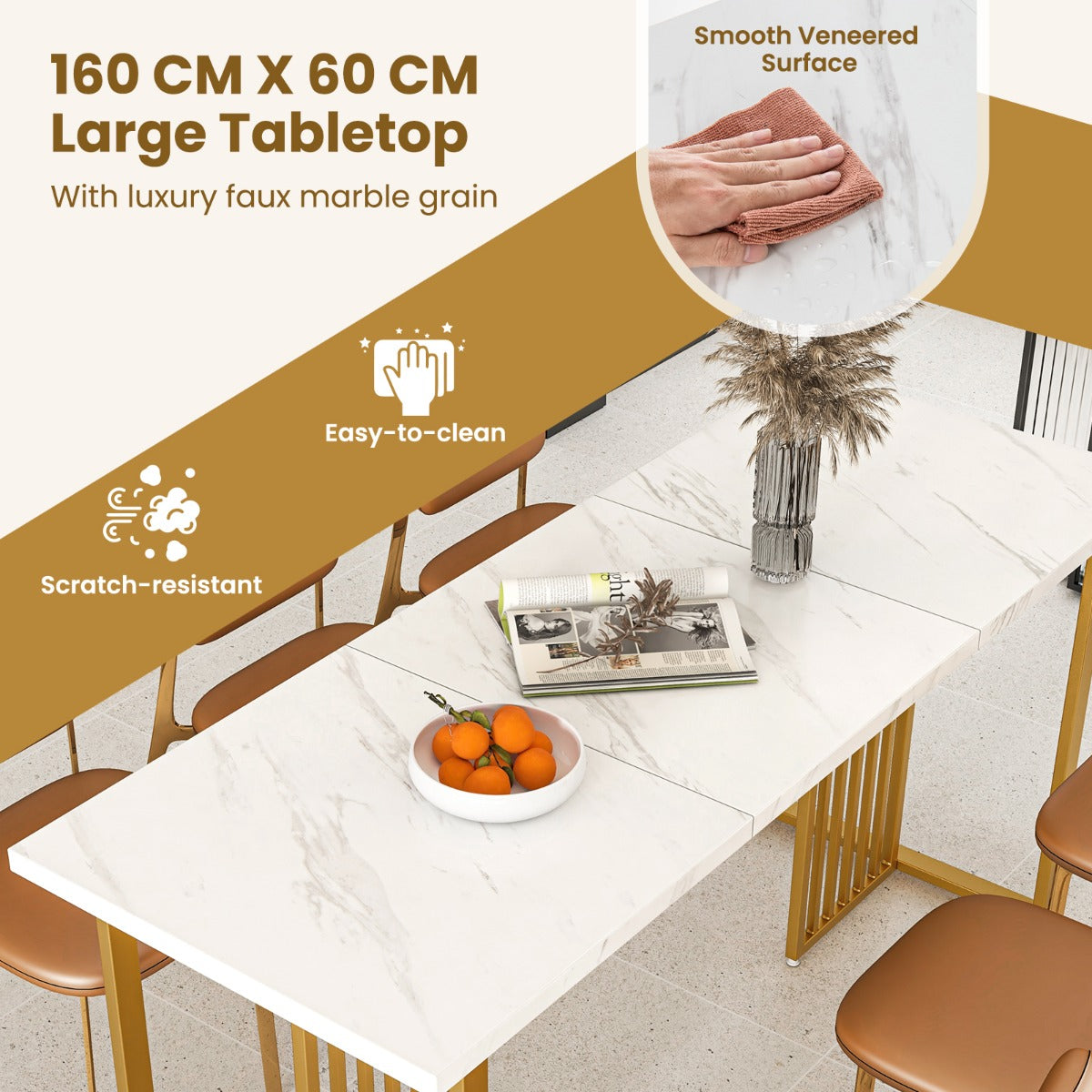 Livsk costway moderne eettafel voor 6 8 personen rechthoekige keukentafel 160 cm met imitatie marmeren blad tafel voor eetkamer woonkamer 3