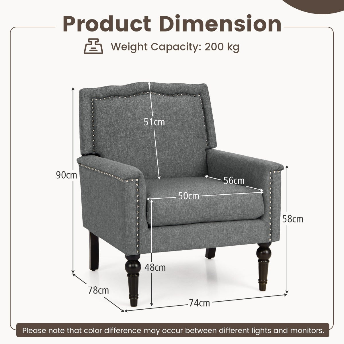LIVSK Mid-Century Moderne Fauteuil - 15 cm Dik Zitkussen - Ademend Linnen - Stevige Rubberhouten Poten - Tot 200 kg - Grijs