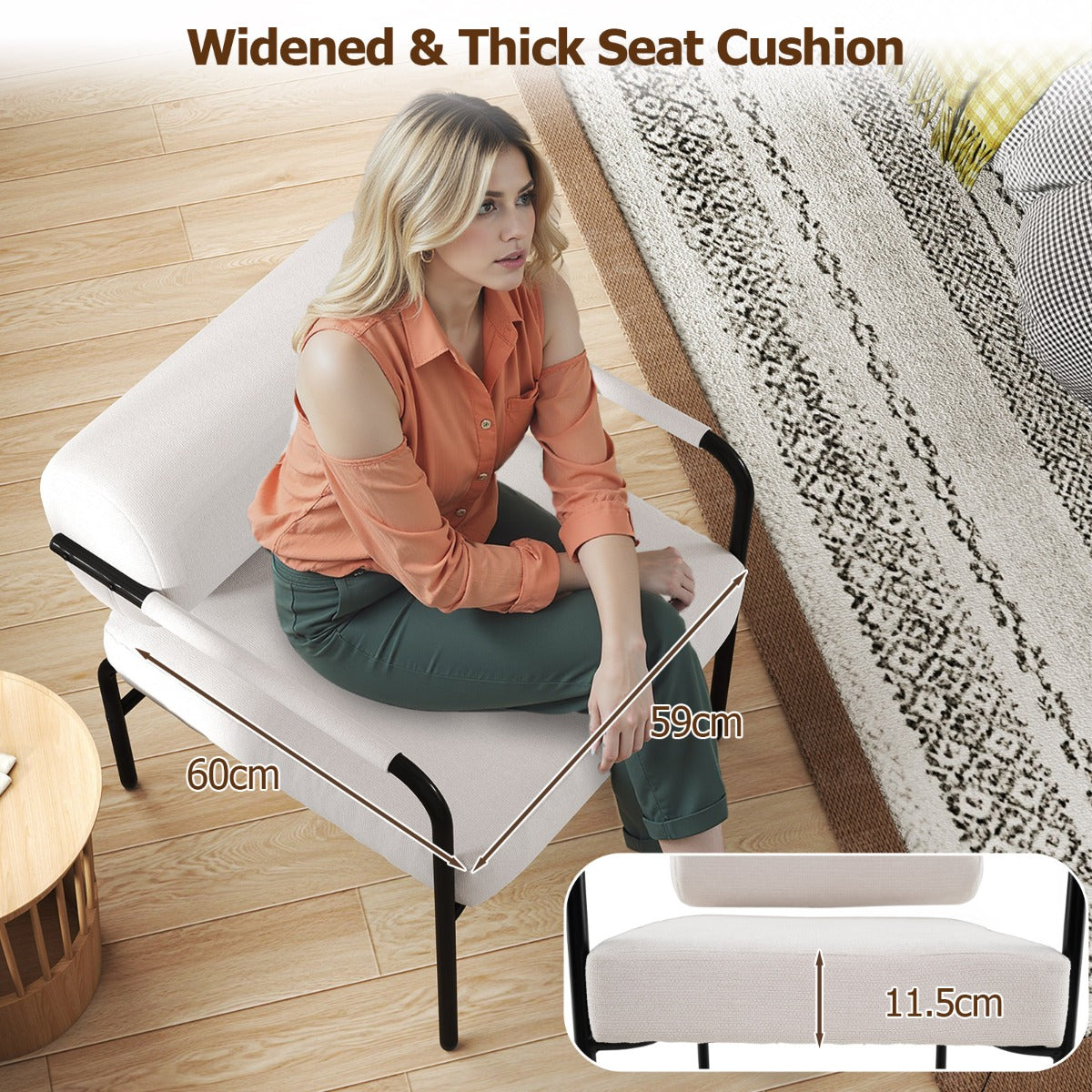 LIVSK Fauteuil voor Woonkamer - Fluwelen Bekleding - Cilindrische Rugleuning - Draagvermogen 150 kg - 70 x 65 x 73 cm - Wit