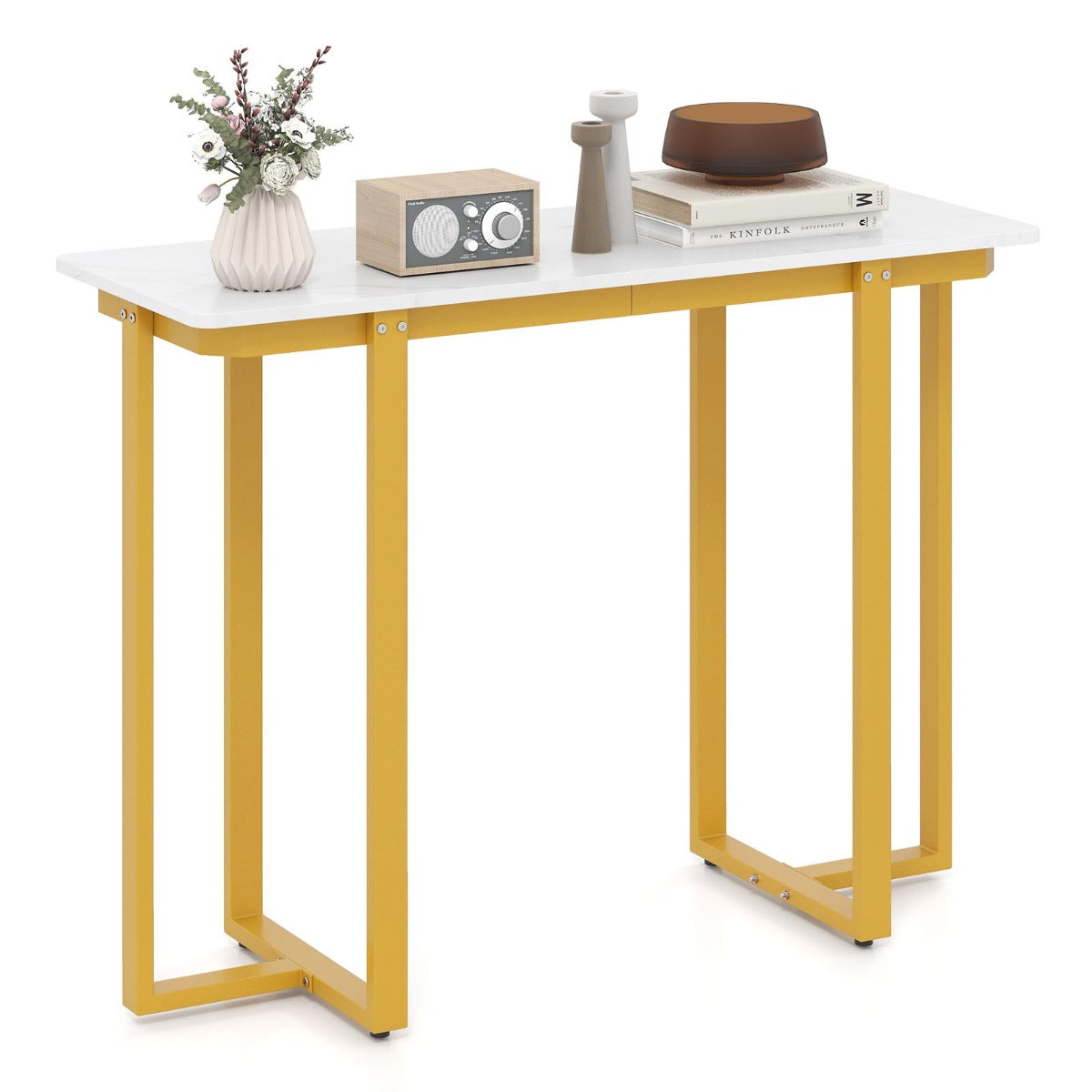 LIVSK Consoletafel - Imitatiemarmeren Blad - Geometrisch Metalen Frame - Ruime Opbergruimte - Draagvermogen 90 kg - Wit & Goud