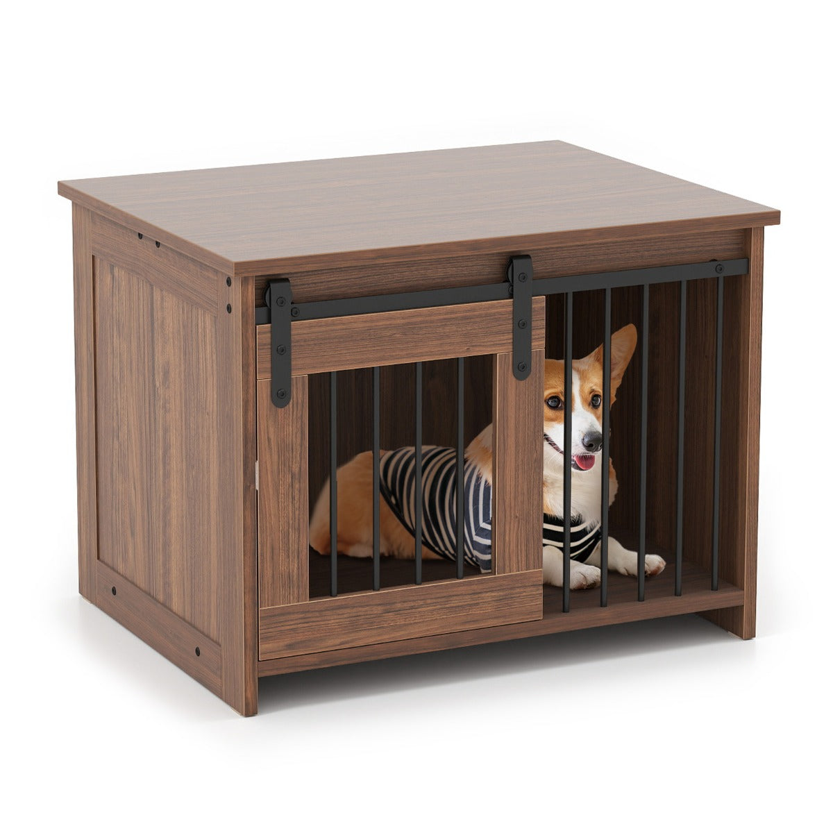 Livsk costway moderne hondenbench van hout met groot tafelblad schuifdeur kauwbestendige metalen buizen bruin
