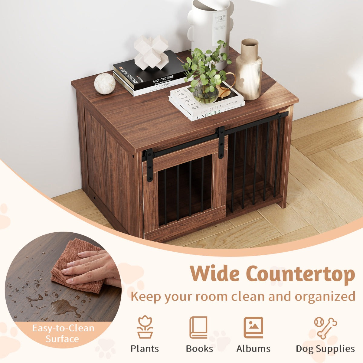 Livsk costway moderne hondenbench van hout met groot tafelblad schuifdeur kauwbestendige metalen buizen bruin 3