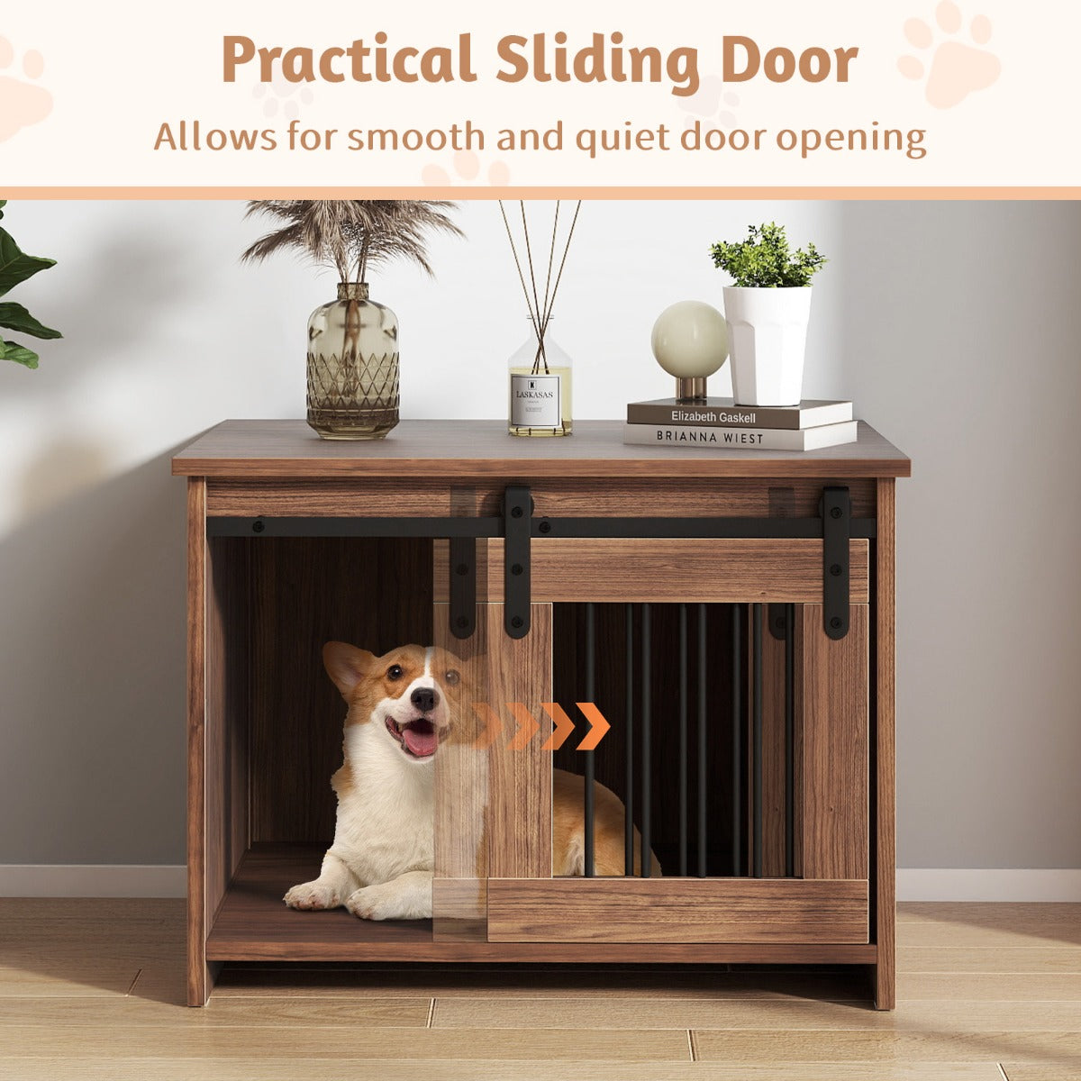 Livsk costway moderne hondenbench van hout met groot tafelblad schuifdeur kauwbestendige metalen buizen bruin 4