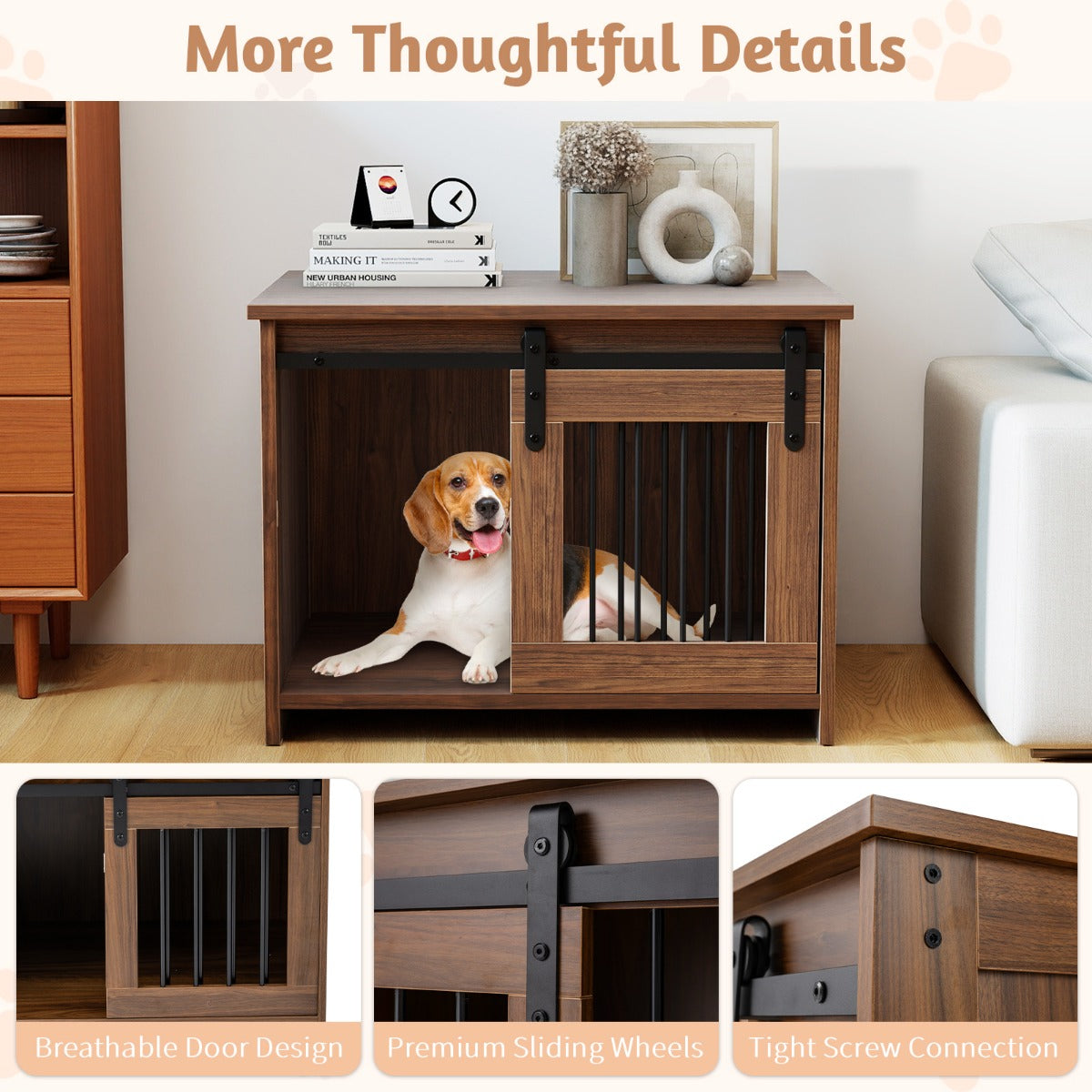 Livsk costway moderne hondenbench van hout met groot tafelblad schuifdeur kauwbestendige metalen buizen bruin 6