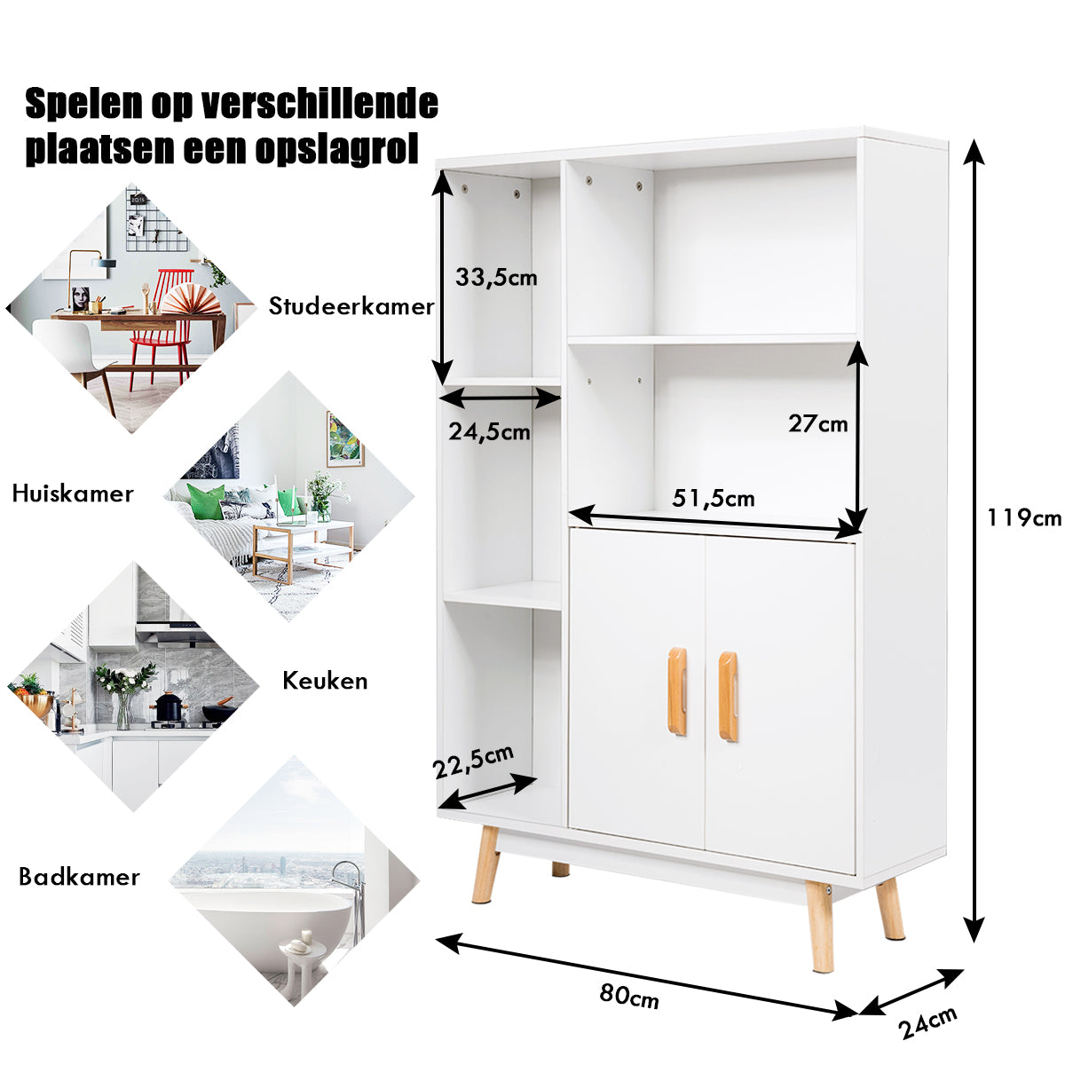 LIVSK Opbergplank met Deuren - Drie Kubusvormige Vakken - Stabiele Structuur - Eenvoudige Montage - 80 x 24 x 119 cm - Wit