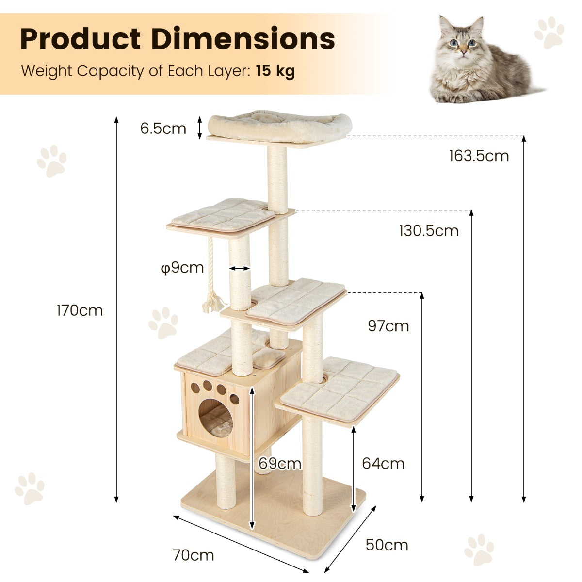 LIVSK Kattenboom met 3 Platforms - Stevig en Stabiel - Afneembare Kussens - Sisalpalen - Natuurlijke Kleur - 70 x 50 x 170 cm