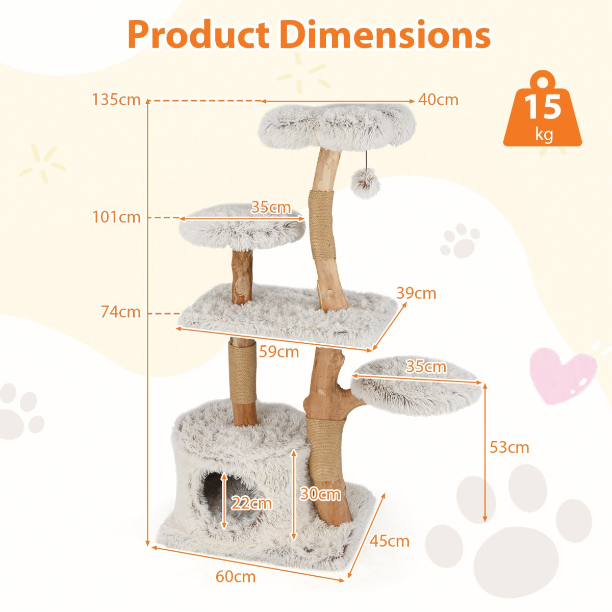 LIVSK Moderne Kattenboom - Massief Perenhout - Zachte Pluche Platforms - Jute Krabpalen - 135 cm Hoog - Wit + Natuurlijk