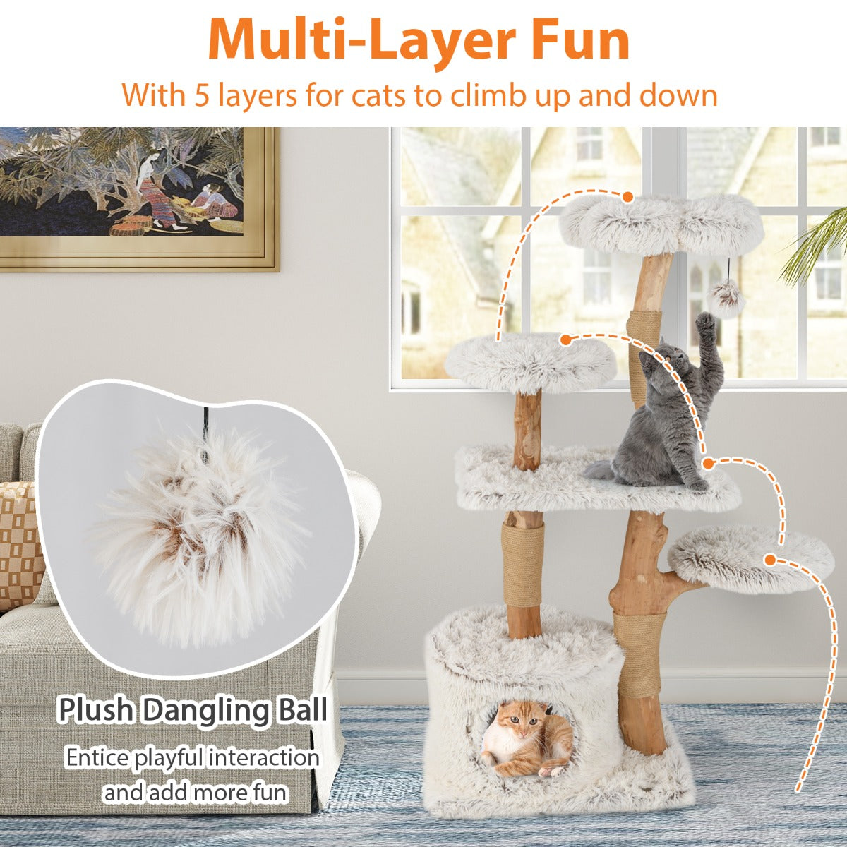 LIVSK Moderne Kattenboom - Massief Perenhout - Zachte Pluche Platforms - Jute Krabpalen - 135 cm Hoog - Wit + Natuurlijk