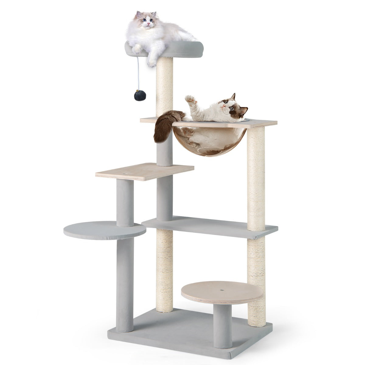 LIVSK Moderne Kattenkrabpaal - Transparante Kap - Afneembare Pluchen Zitstok - Sisal Krabpalen - 4 Platforms - Natuurlijk