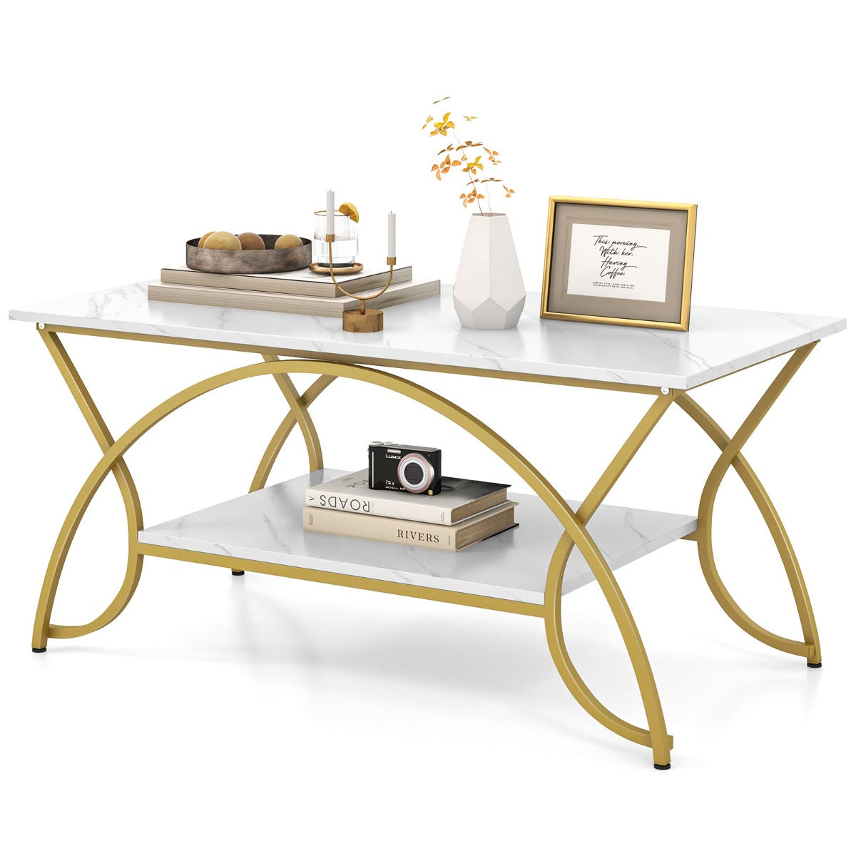 Livsk costway moderne kunstmarmer koffietafel rechthoekige accenttafel met 2 lagen en goud afgewerkt metalen frame wit 1 1
