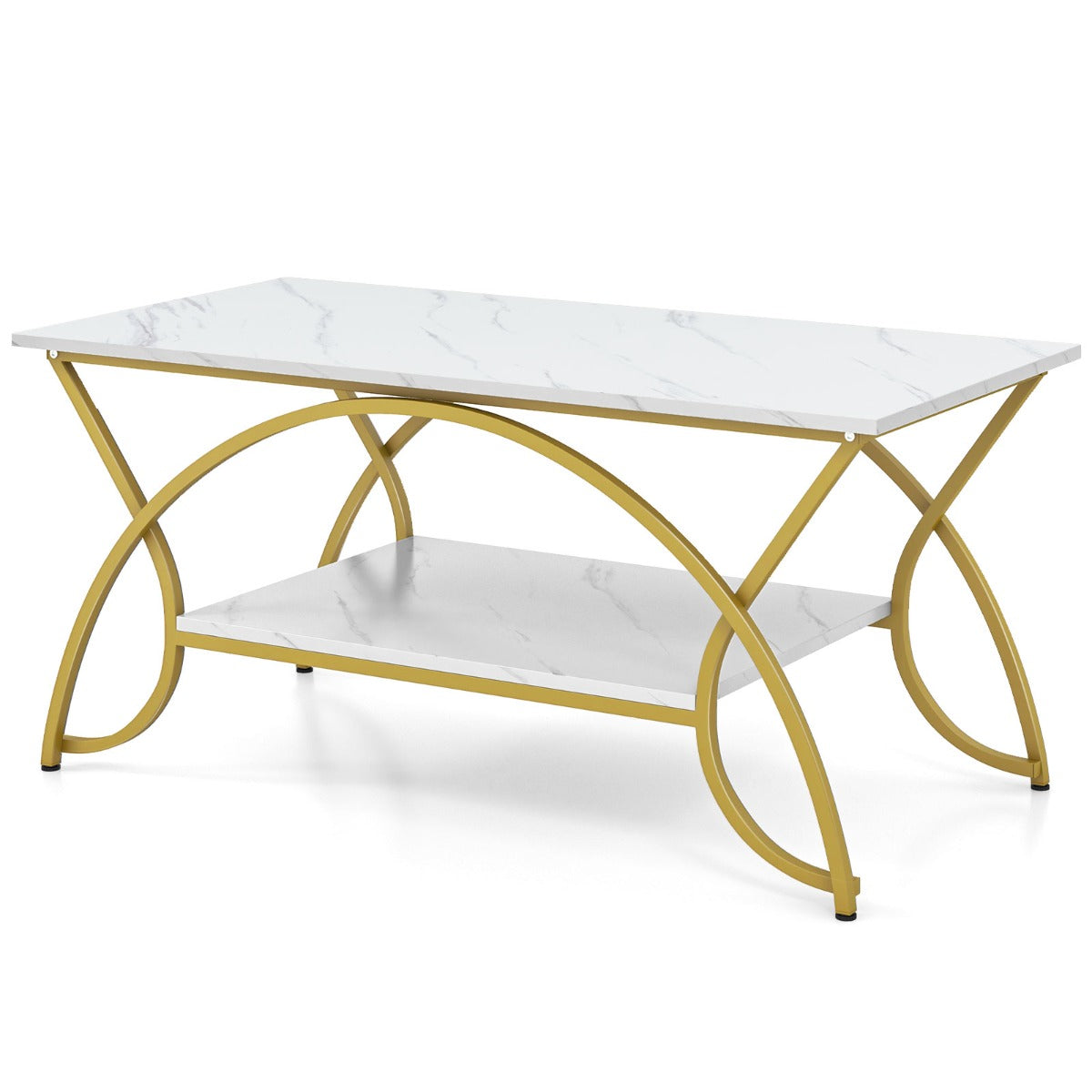 Livsk costway moderne kunstmarmer koffietafel rechthoekige accenttafel met 2 lagen en goud afgewerkt metalen frame wit
