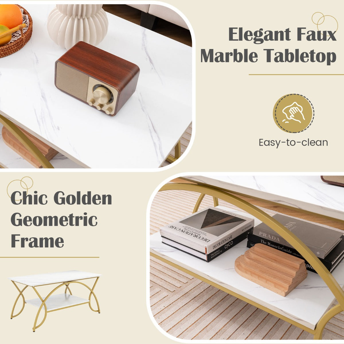 Livsk costway moderne kunstmarmer koffietafel rechthoekige accenttafel met 2 lagen en goud afgewerkt metalen frame wit 5