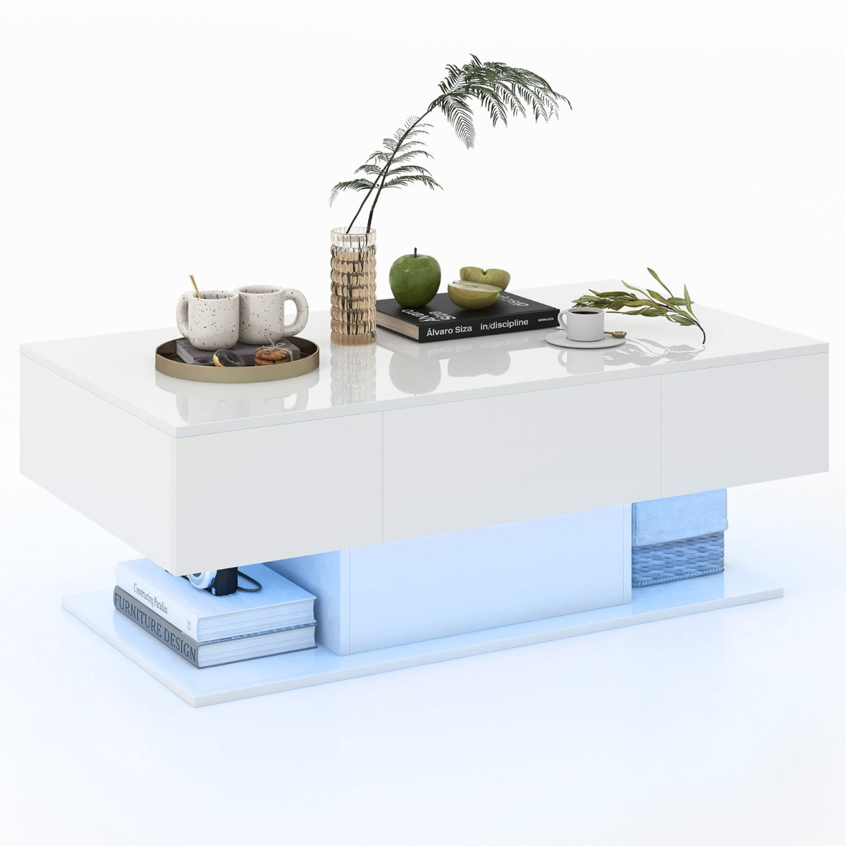 LIVSK LED-salontafel - Veelkleurige LED-verlichting met Afstandsbediening - 2 Opberglades - Hoogglans Afwerking - 110 x 60 x 40