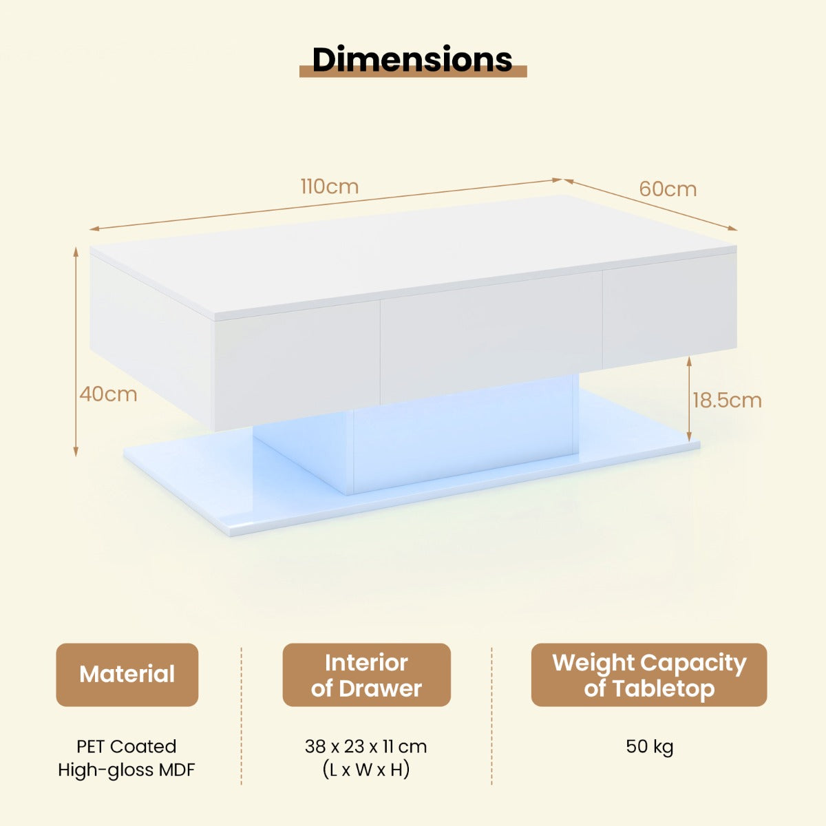 LIVSK LED-salontafel - Veelkleurige LED-verlichting met Afstandsbediening - 2 Opberglades - Hoogglans Afwerking - 110 x 60 x 40
