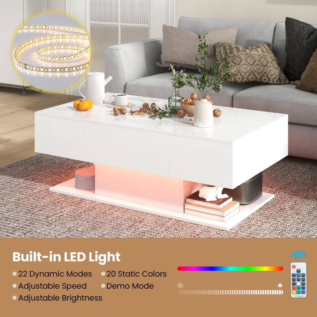 LIVSK LED-salontafel - Veelkleurige LED-verlichting met Afstandsbediening - 2 Opberglades - Hoogglans Afwerking - 110 x 60 x 40