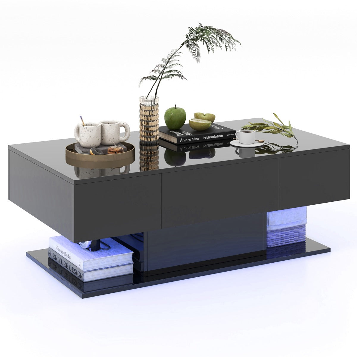 LIVSK LED Salontafel met 2 Opberglades - Hoogglans MDF - 20 Kleuren en 22 Dynamische standen - Duurzaam en Elegant - Zwart