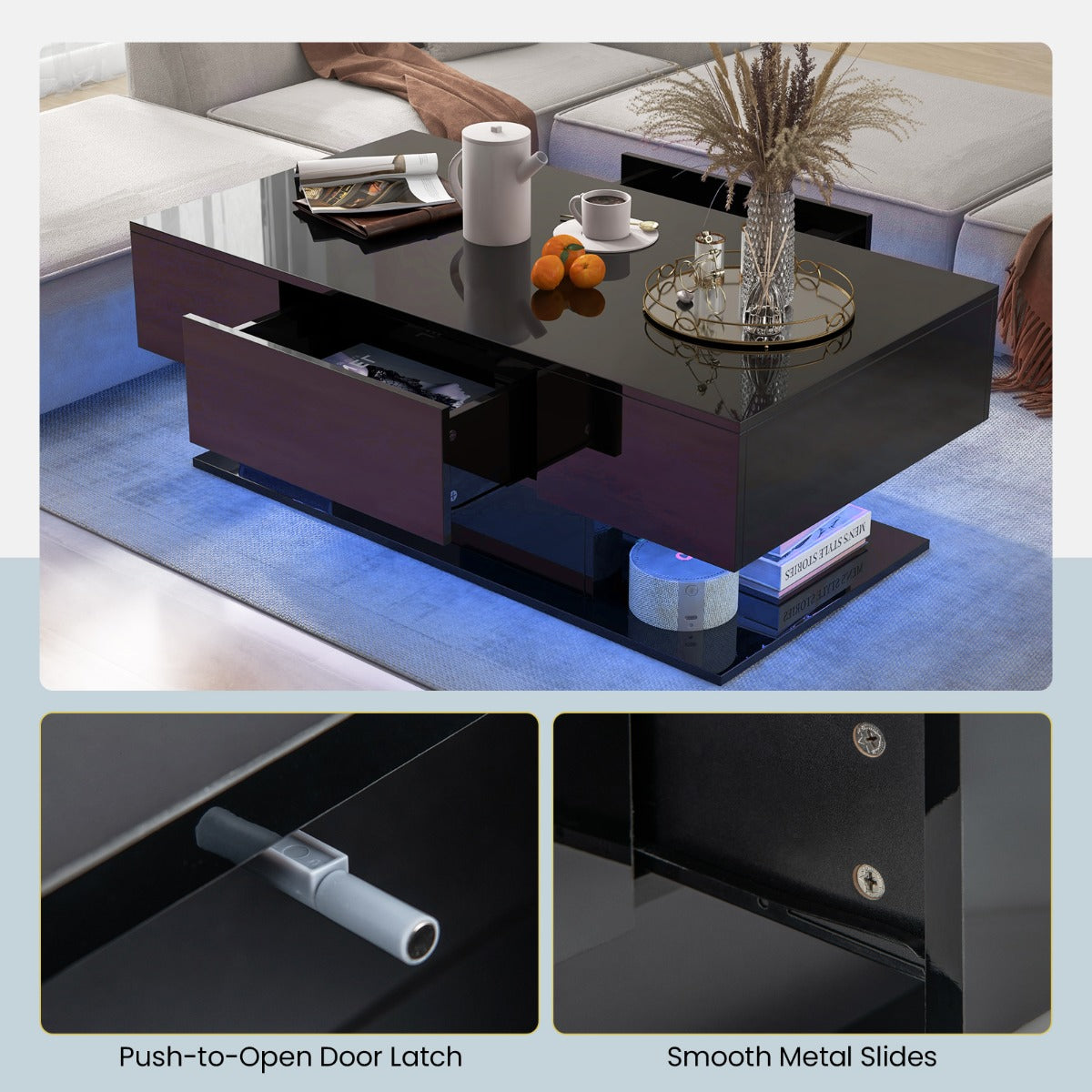 LIVSK LED Salontafel met 2 Opberglades - Hoogglans MDF - 20 Kleuren en 22 Dynamische standen - Duurzaam en Elegant - Zwart