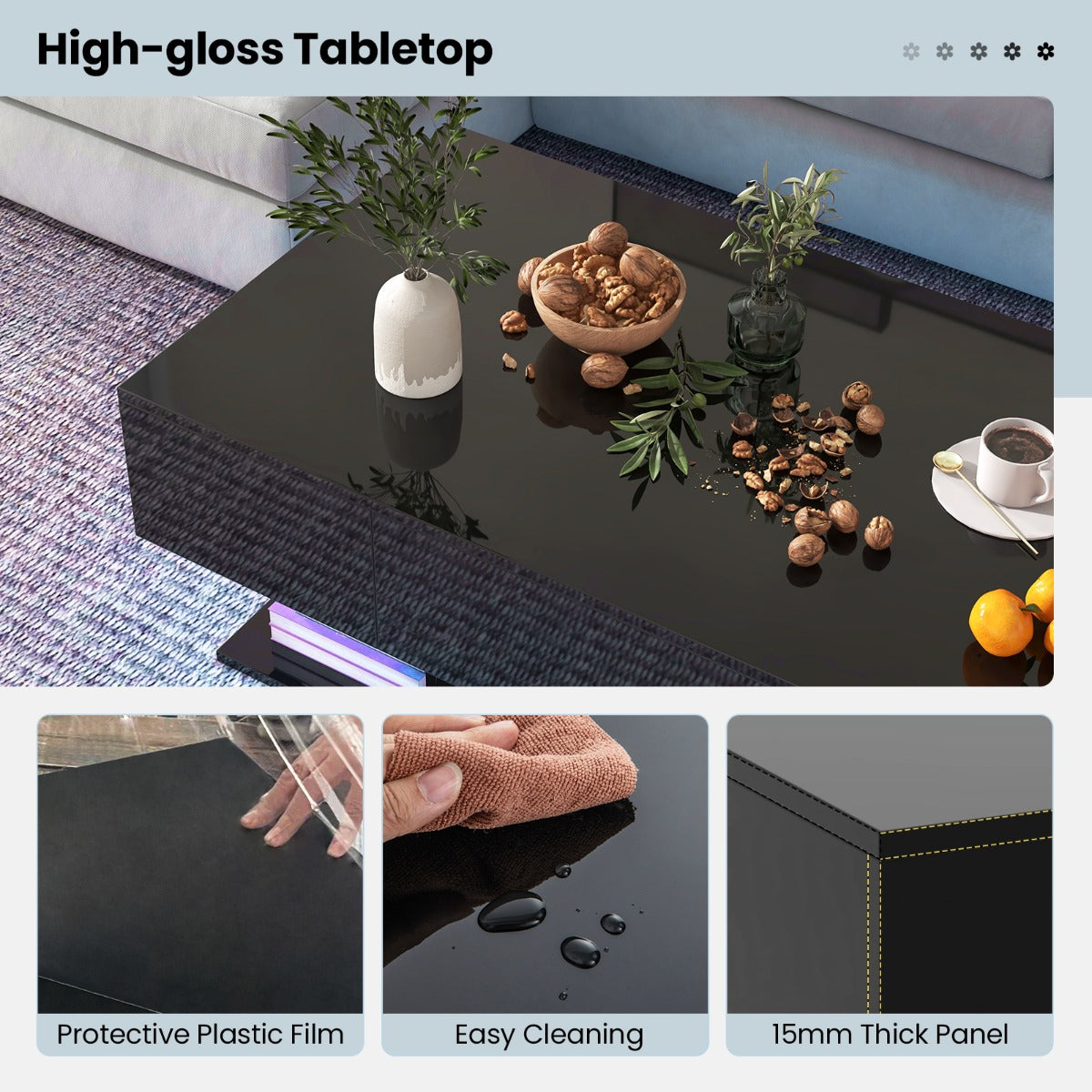 LIVSK LED Salontafel met 2 Opberglades - Hoogglans MDF - 20 Kleuren en 22 Dynamische standen - Duurzaam en Elegant - Zwart