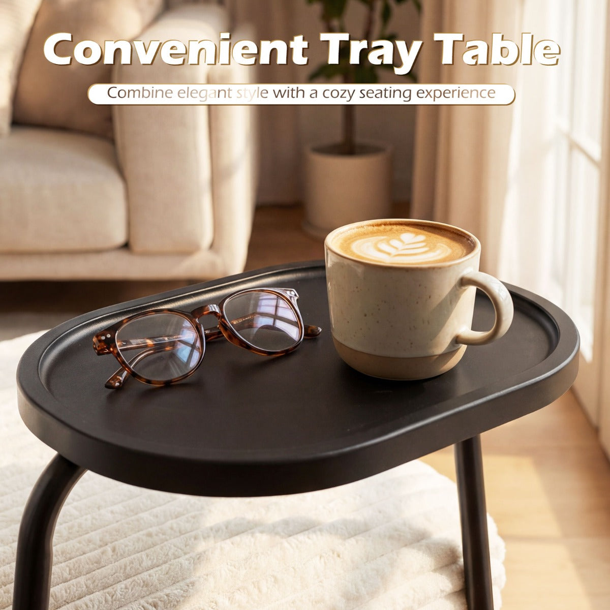 Livsk costway moderne loungebank met dienblad fauteuil met stevig metalen frame en schuimrubberen bekleding